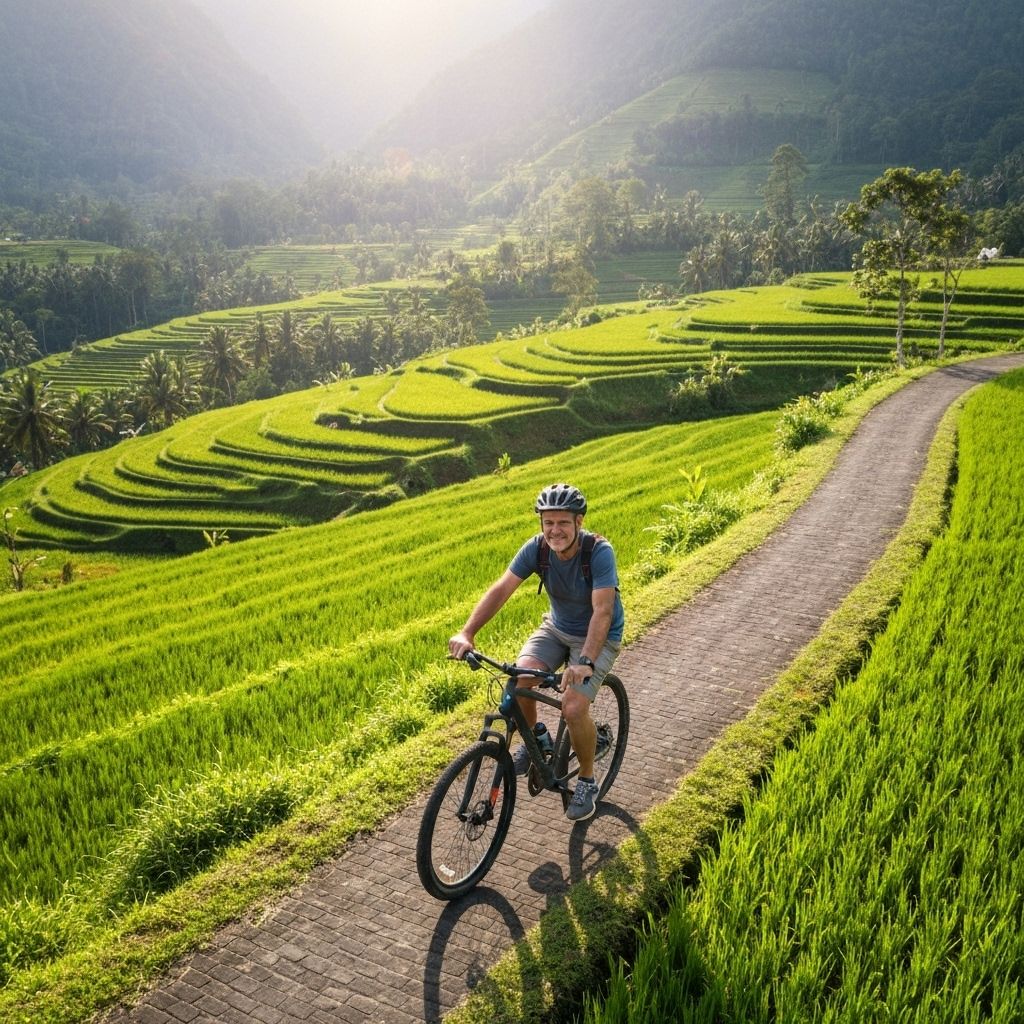 Cycling through green rice terraces in Bali