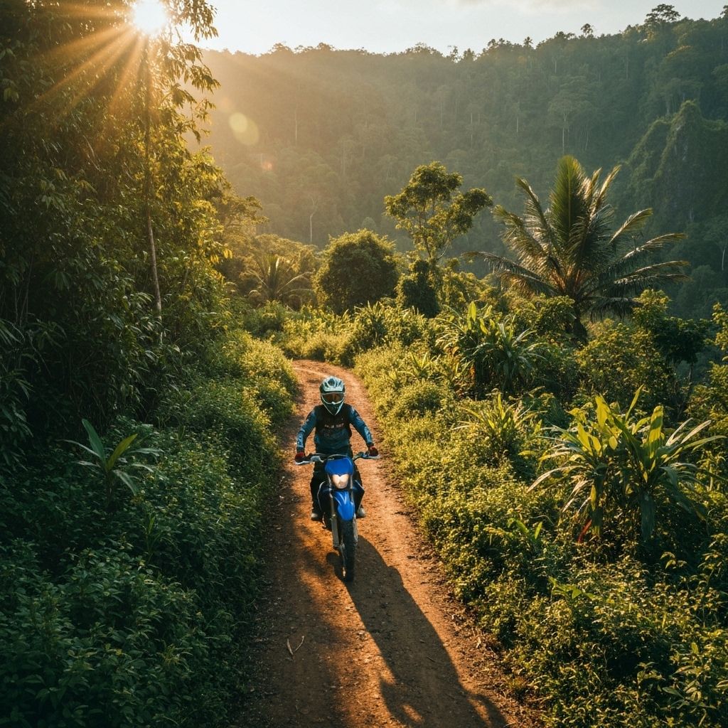 Dirt bike rider conquering volcanic trails in Bali highlands